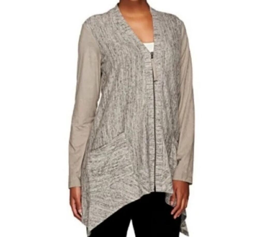LOGO Lori Goldstein Faux Suede Sleeve Marled Knit ZIp Front Cardigan Gray XL